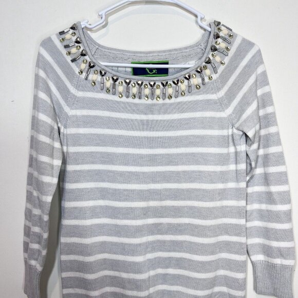 C Wonder Sweater XXS Womens Grey Cream‎ Jewel Boat Neck Striped Pullover - Picture 5 of 9